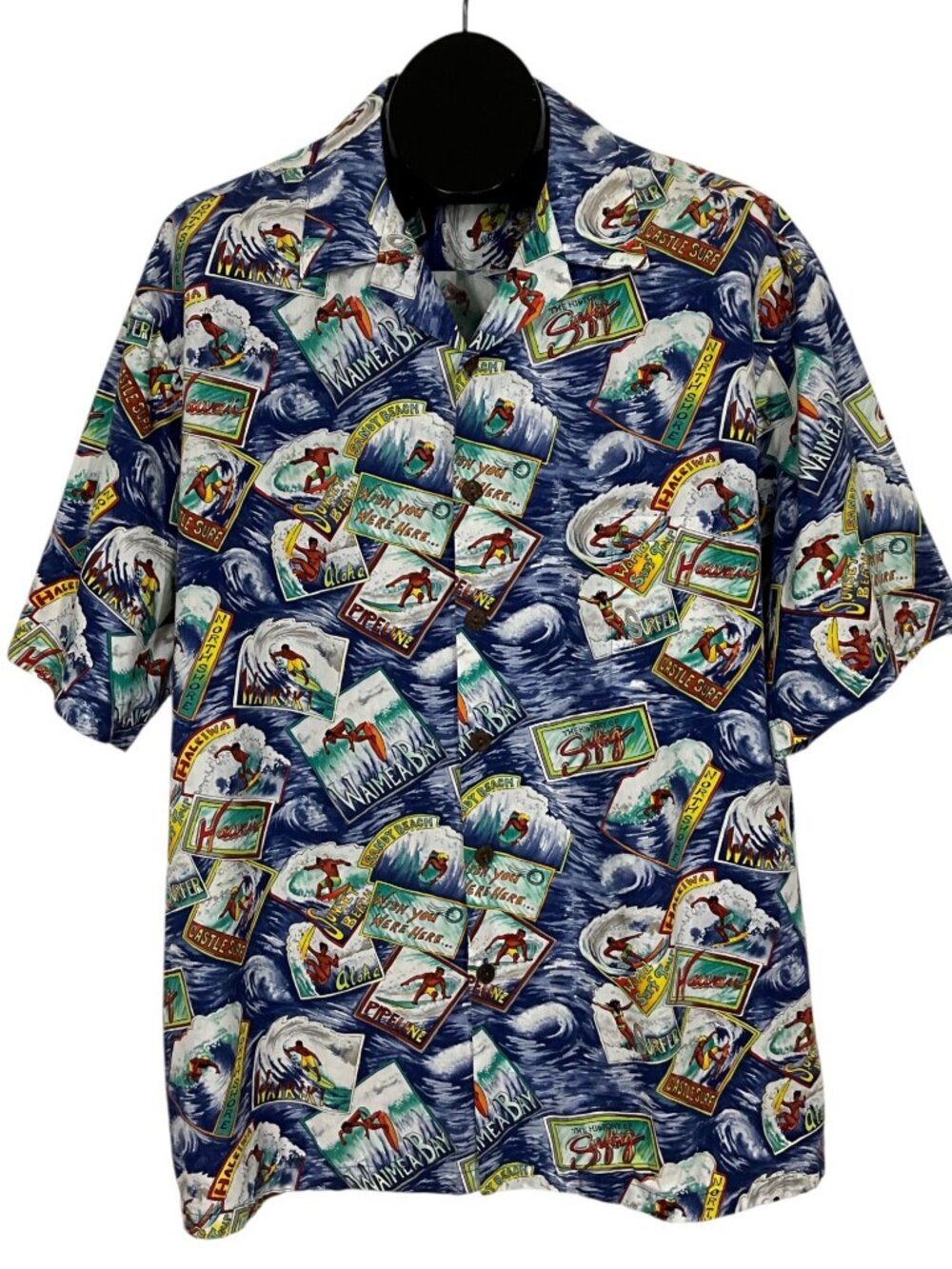 Hilo Hattie Hawaiian Shirt XL Blue Surfer Short Sleeve Novelty